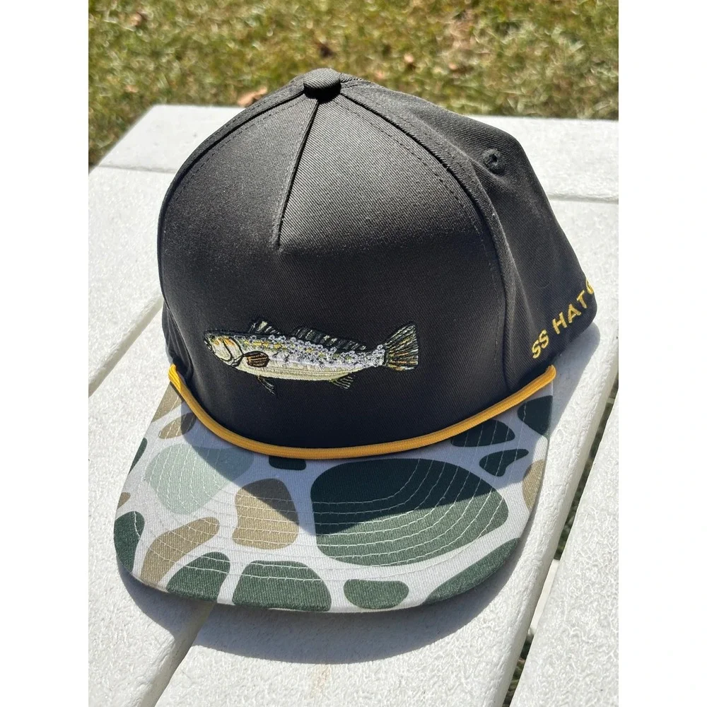 Southern String Hat Co Trout Fish Snapback Hat Black Duck Camo Rope Trucker Cap